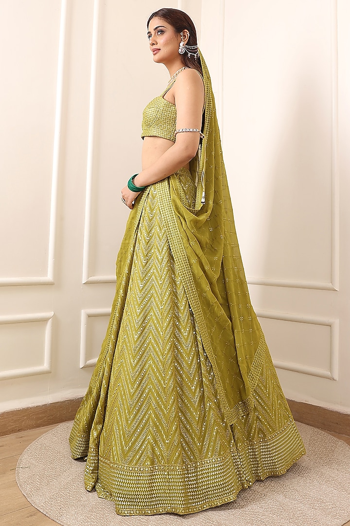 Lime Green Sequins Machine Embroidered Wedding Lehenga Set by Indian Wardrobe at Pernia's Pop Up Shop