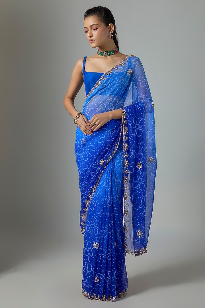 Blue Chiffon Bandhani Printed Party Wear Saree Set by Indian Wardrobe at Pernia's Pop Up Shop
