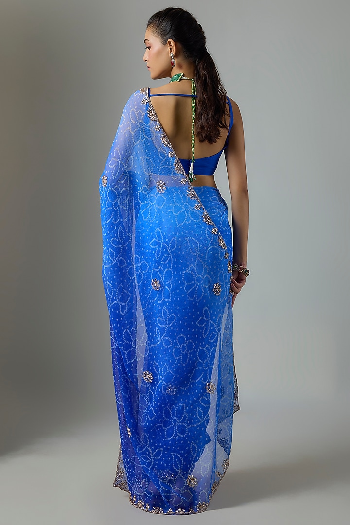 Blue Chiffon Bandhani Printed Party Wear Saree Set by Indian Wardrobe at Pernia's Pop Up Shop