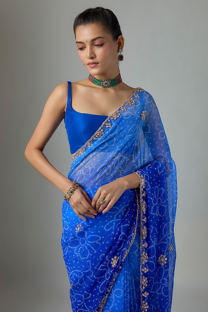 Blue Chiffon Bandhani Printed Party Wear Saree Set by Indian Wardrobe at Pernia's Pop Up Shop