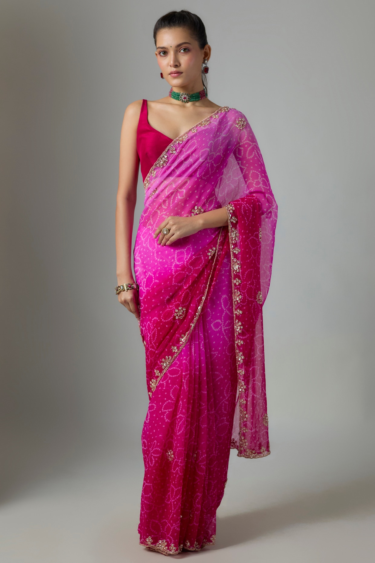 Indian Wardrobe Pink Chiffon Bandhani Printed Saree Set