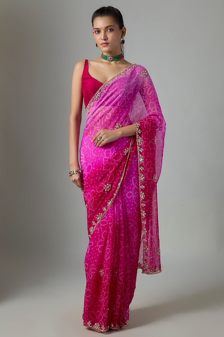 Pink Chiffon Bandhani Printed Party Wear Saree Set by Indian Wardrobe at Pernia's Pop Up Shop
