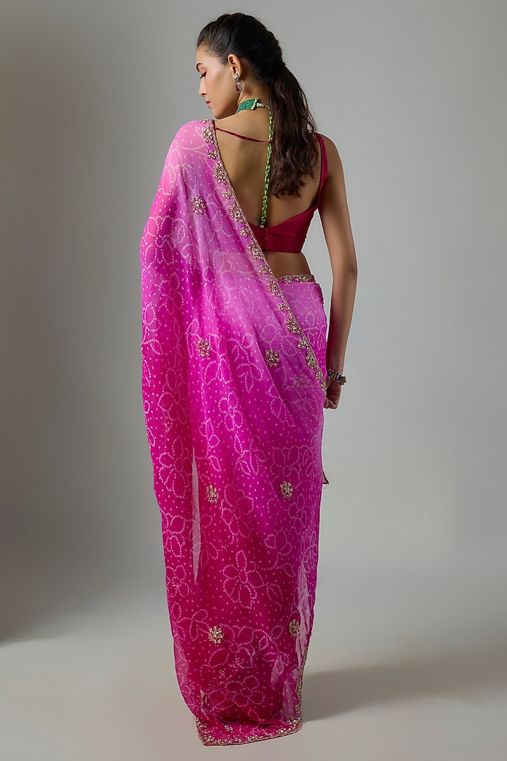 Pink Chiffon Bandhani Printed Party Wear Saree Set by Indian Wardrobe at Pernia's Pop Up Shop