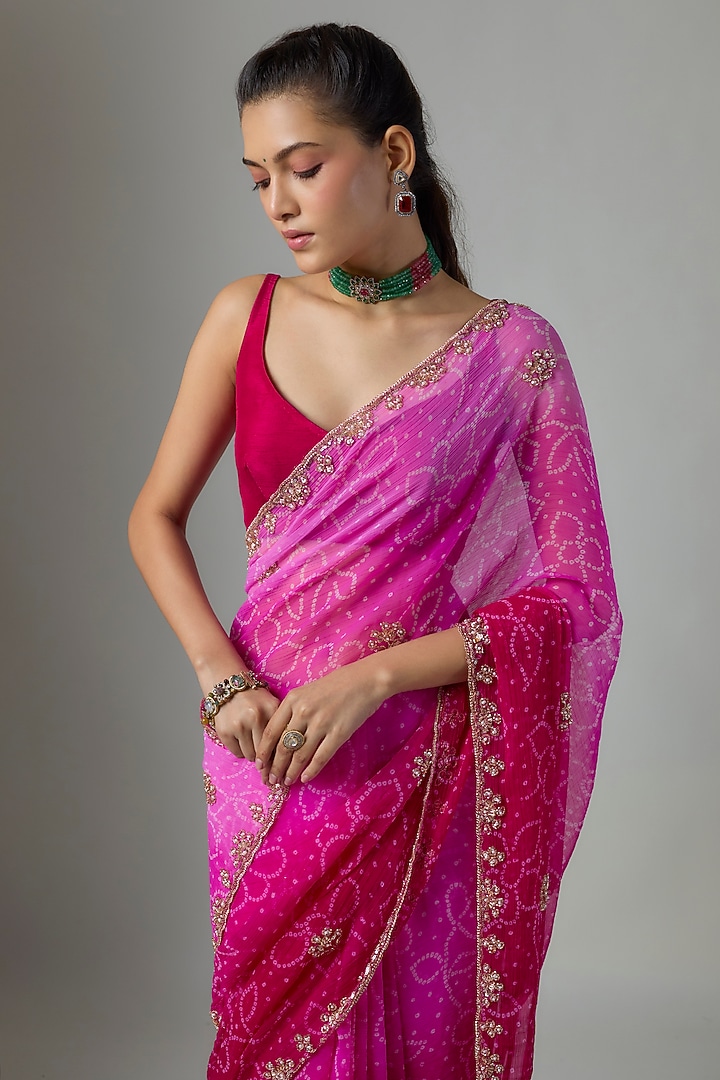 Pink Chiffon Bandhani Printed Party Wear Saree Set by Indian Wardrobe at Pernia's Pop Up Shop