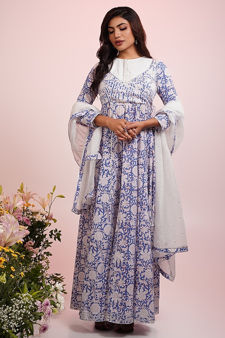 White & Blue Cotton Hand Block Printed Anarkali Set by Indian Wardrobe at Pernia's Pop Up Shop