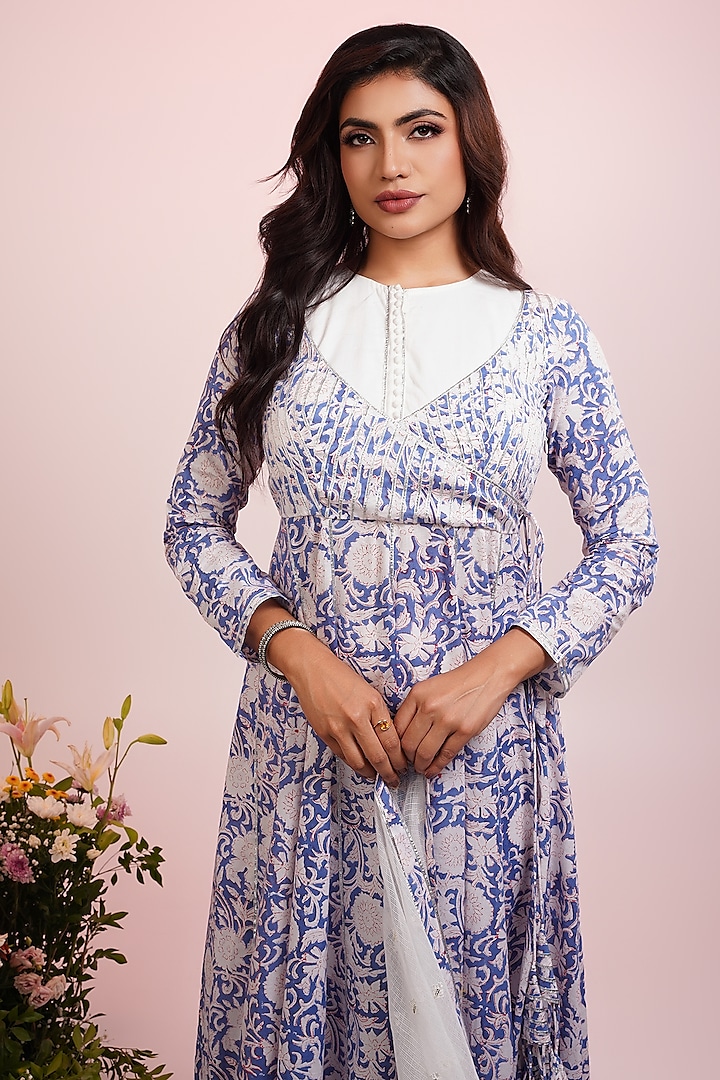 White & Blue Cotton Hand Block Printed Party Wear Anarkali Set by Indian Wardrobe at Pernia's Pop Up Shop 2026 White & Blue Cotton Hand Block Printed Party Wear Anarkali Set by Indian Wardrobe at Pernia's Pop Up Shop 2026