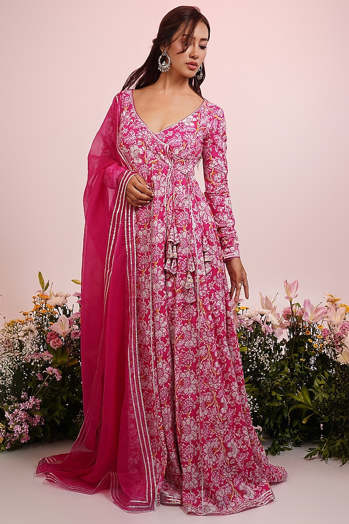 Pink Cotton Floral Printed & Embroidered Angrakha Anarkali Set by Indian Wardrobe at Pernia's Pop Up Shop