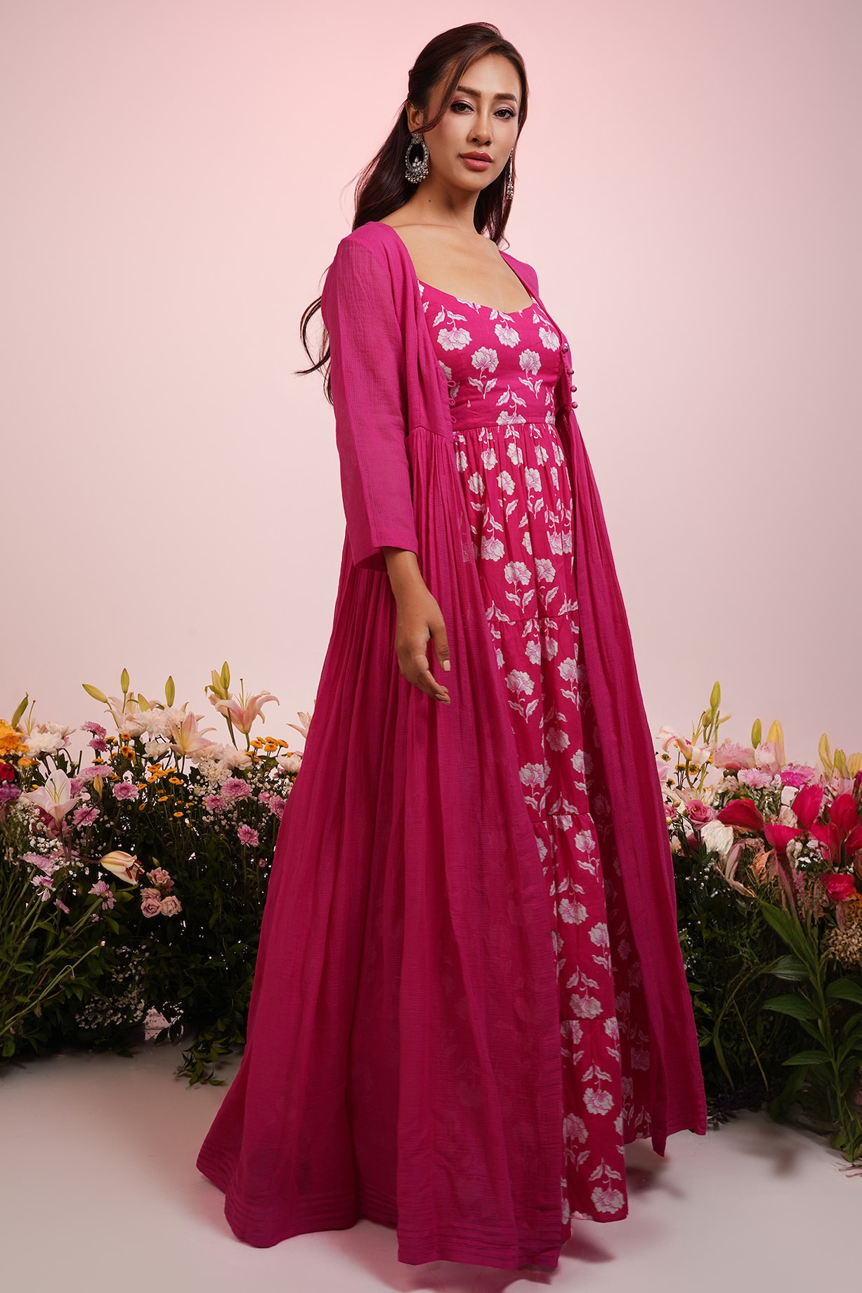 Pink Cotton Floral Printed Maxi Jacket Dress by Indian Wardrobe at