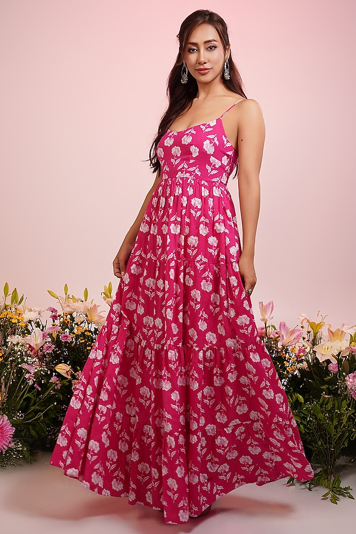 Pink Cotton Floral Printed Maxi Jacket Dress by Indian Wardrobe at