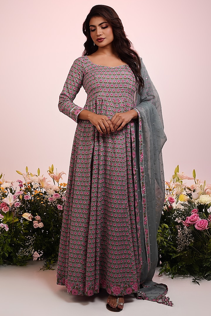 Grey & Pink Cotton Floral Printed Anarkali Set by Indian Wardrobe at Pernia's Pop Up Shop