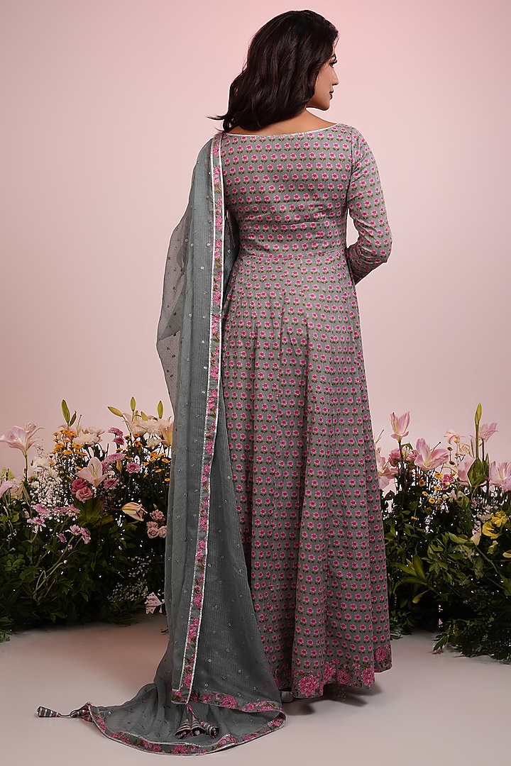 Grey & Pink Cotton Floral Printed Party Wear Anarkali Set by Indian Wardrobe at Pernia's Pop Up Shop