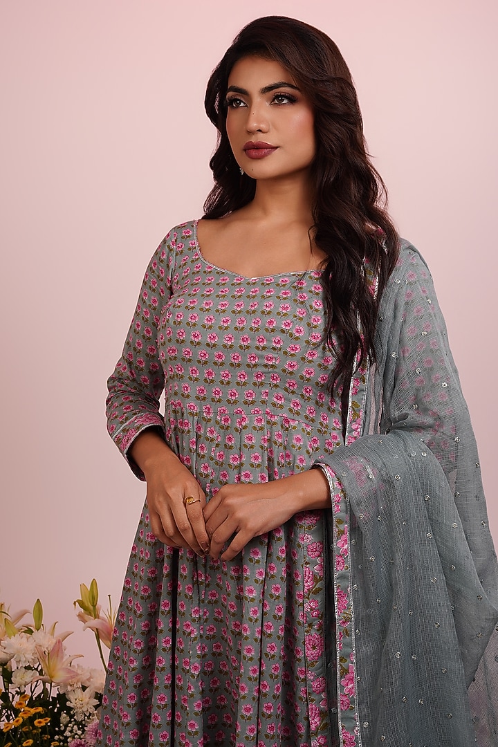 Grey & Pink Cotton Floral Printed Party Wear Anarkali Set by Indian Wardrobe at Pernia's Pop Up Shop