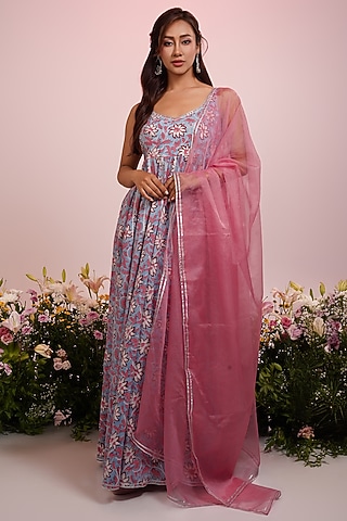 Sky Blue Cotton Hand Block Printed & Embroidered Anarkali Set by Indian Wardrobe