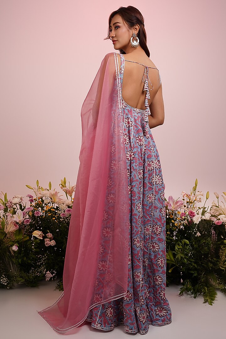 Sky Blue Cotton Hand Block Printed & Embroidered Party Wear Anarkali Set by Indian Wardrobe at Pernia's Pop Up Shop