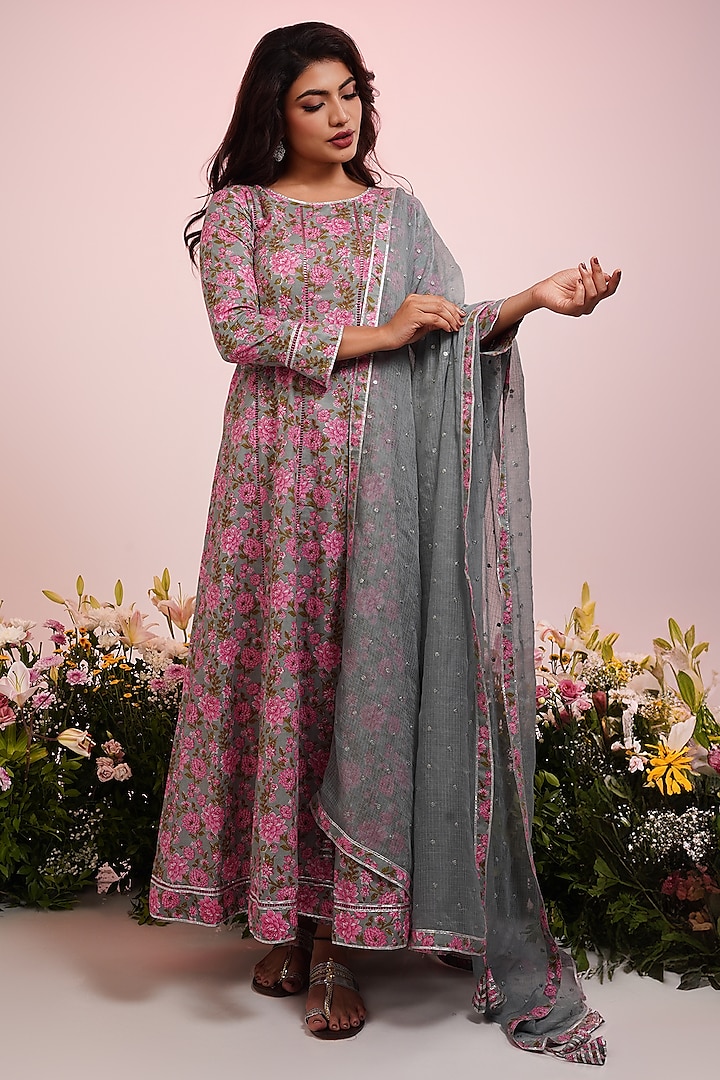 Grey & Pink Cotton Floral Printed Anarkali Set by Indian Wardrobe at Pernia's Pop Up Shop