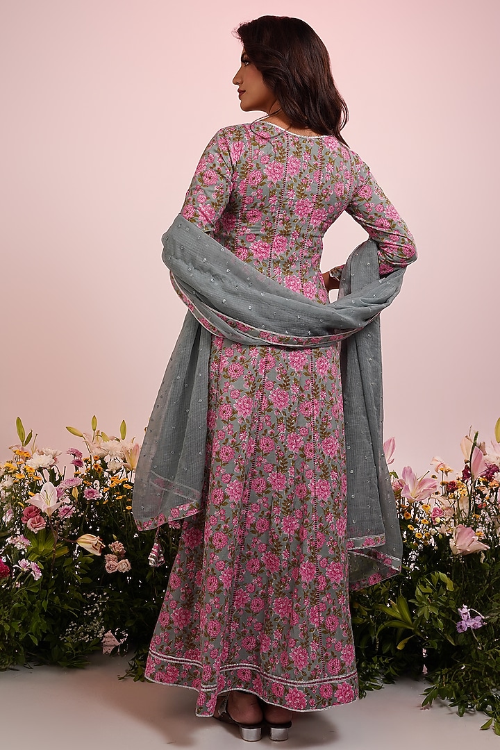 Grey & Pink Cotton Floral Printed Party Wear Anarkali Set by Indian Wardrobe at Pernia's Pop Up Shop