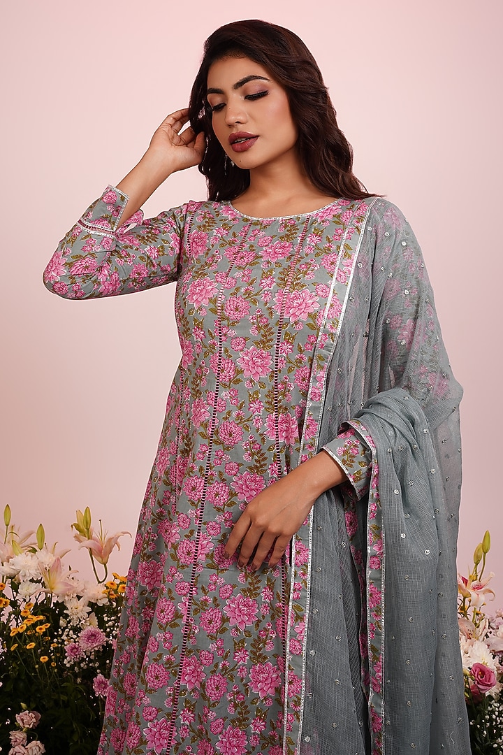 Grey & Pink Cotton Floral Printed Party Wear Anarkali Set by Indian Wardrobe at Pernia's Pop Up Shop