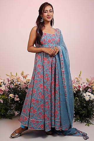 Bright Blue & Peach Cotton Floral Printed Anarkali Set by Indian Wardrobe