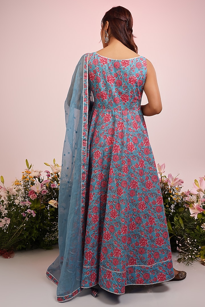 Bright Blue & Peach Cotton Floral Printed Party Wear Anarkali Set by Indian Wardrobe at Pernia's Pop Up Shop
