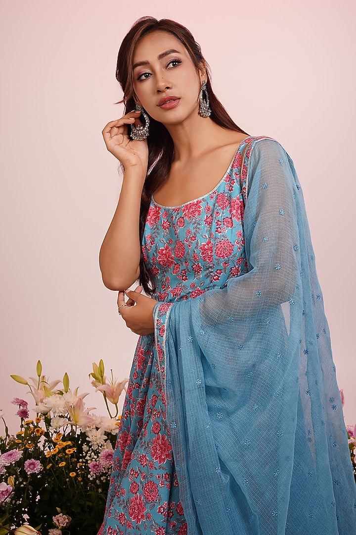 Bright Blue & Peach Cotton Floral Printed Party Wear Anarkali Set by Indian Wardrobe at Pernia's Pop Up Shop