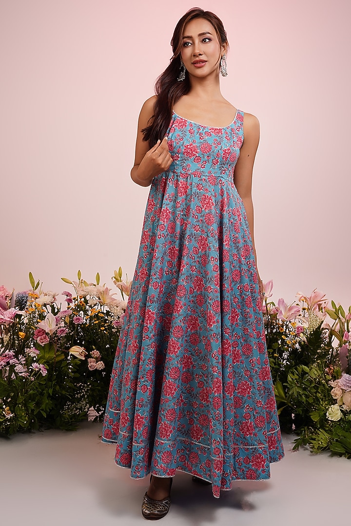 Bright Blue & Peach Cotton Floral Printed Party Wear Anarkali Set by Indian Wardrobe at Pernia's Pop Up Shop