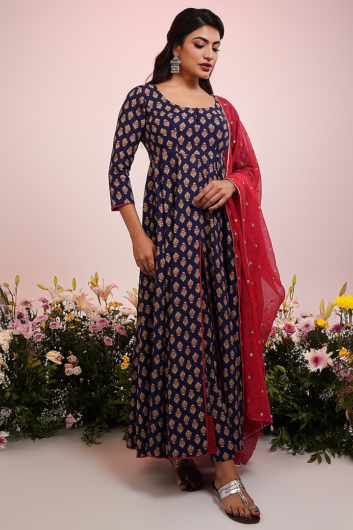 Navy Blue Cotton Block Printed & Embroidered Anarkali Set by Indian Wardrobe at Pernia's Pop Up Shop