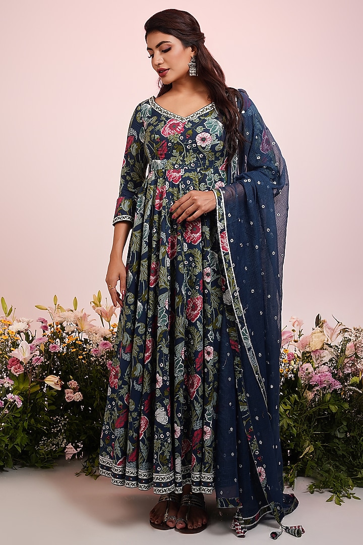 Blue Cotton Floral Printed & Embroidered Anarkali Set by Indian Wardrobe at Pernia's Pop Up Shop