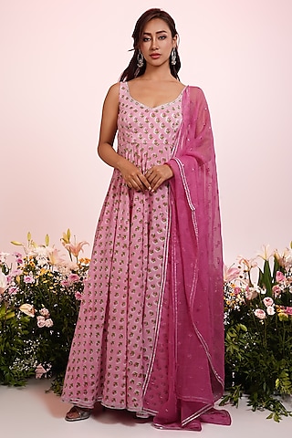 Peach Cotton Hand Block Printed & Embroidered Anarkali Set by Indian Wardrobe