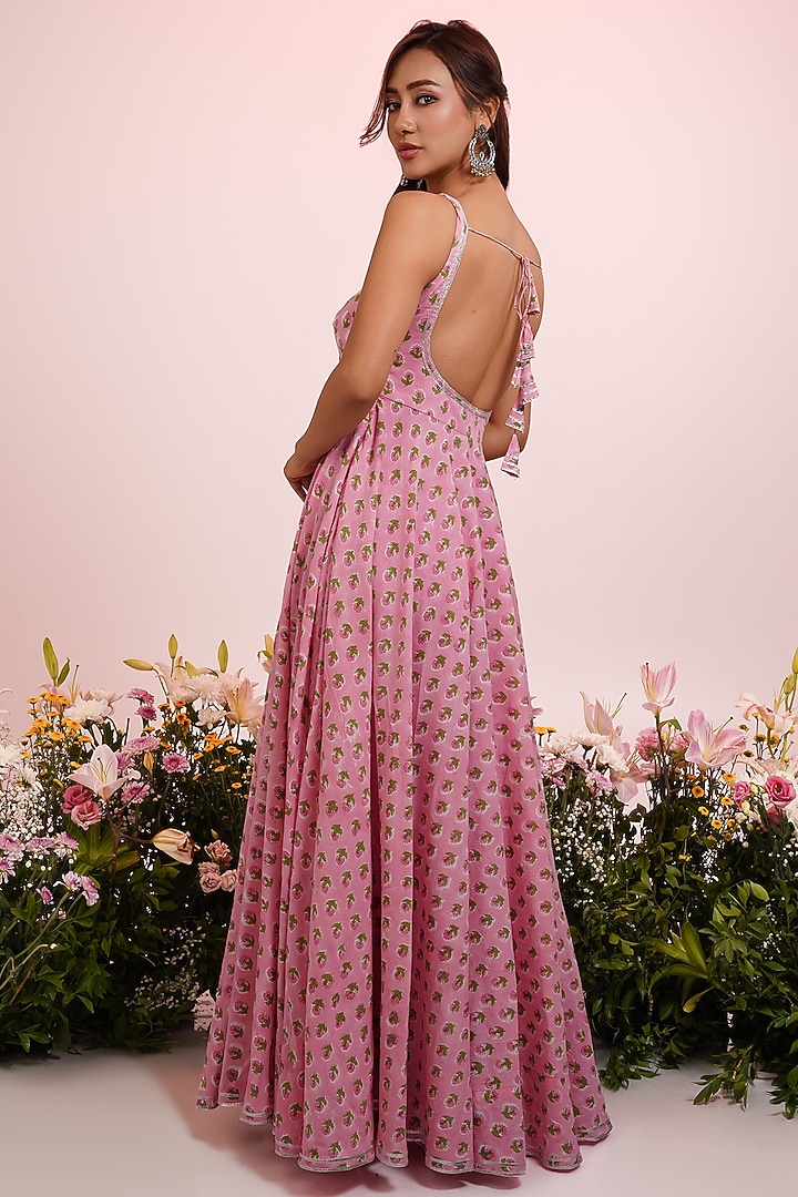Peach Cotton Hand Block Printed & Embroidered Party Wear Anarkali Set by Indian Wardrobe at Pernia's Pop Up Shop