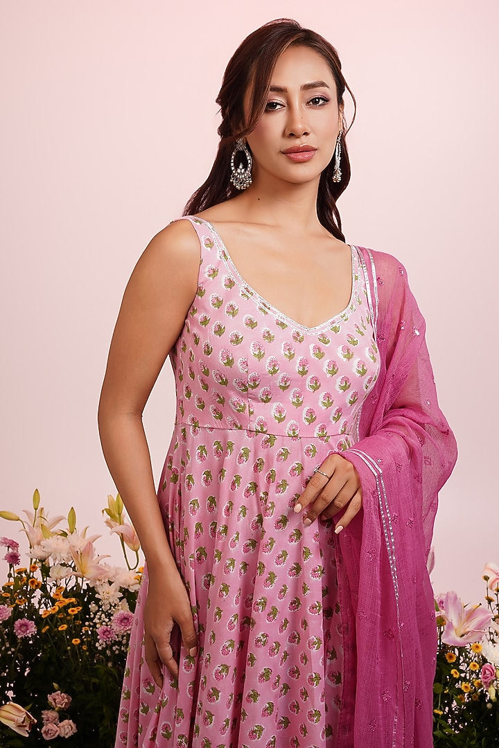 Peach Cotton Hand Block Printed & Embroidered Party Wear Anarkali Set by Indian Wardrobe at Pernia's Pop Up Shop