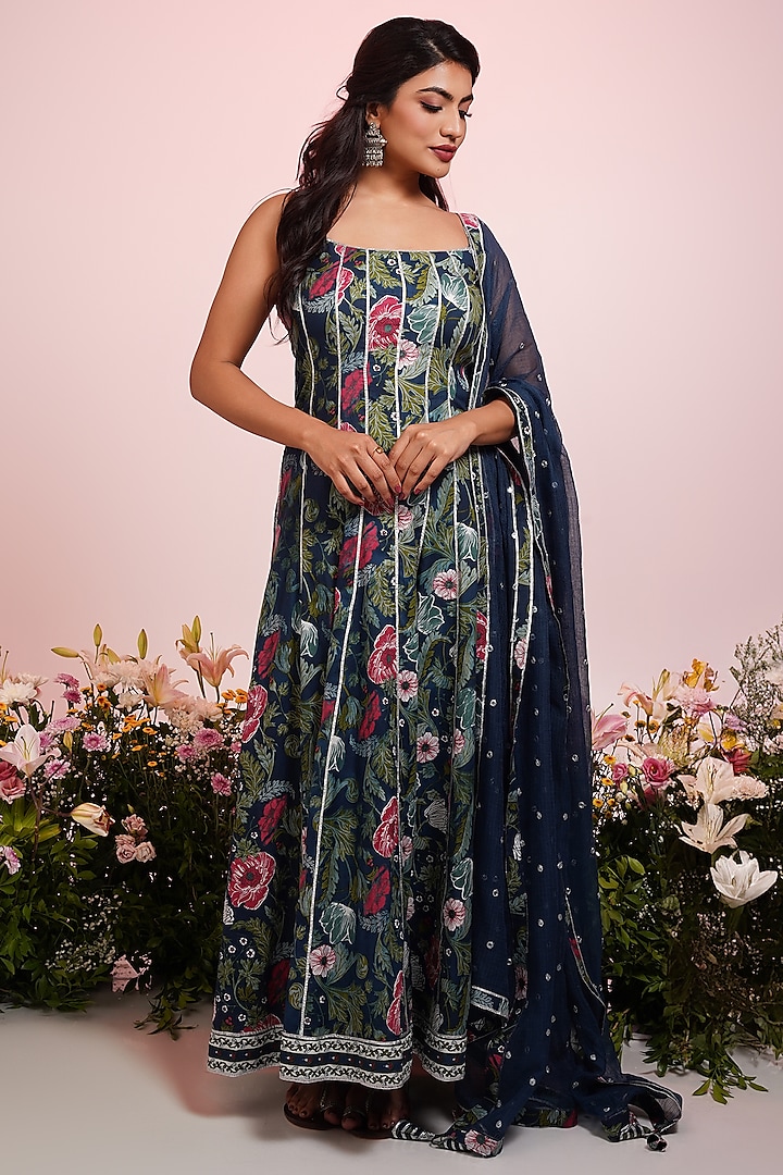 Blue Cotton Floral Printed & Embroidered Anarkali Set by Indian Wardrobe at Pernia's Pop Up Shop