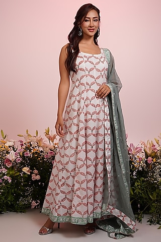 White Cotton Floral Block Printed & Embroidered Anarkali Set by Indian Wardrobe