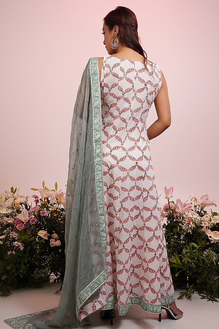 White Cotton Floral Block Printed & Embroidered Party Wear Anarkali Set by Indian Wardrobe at Pernia's Pop Up Shop