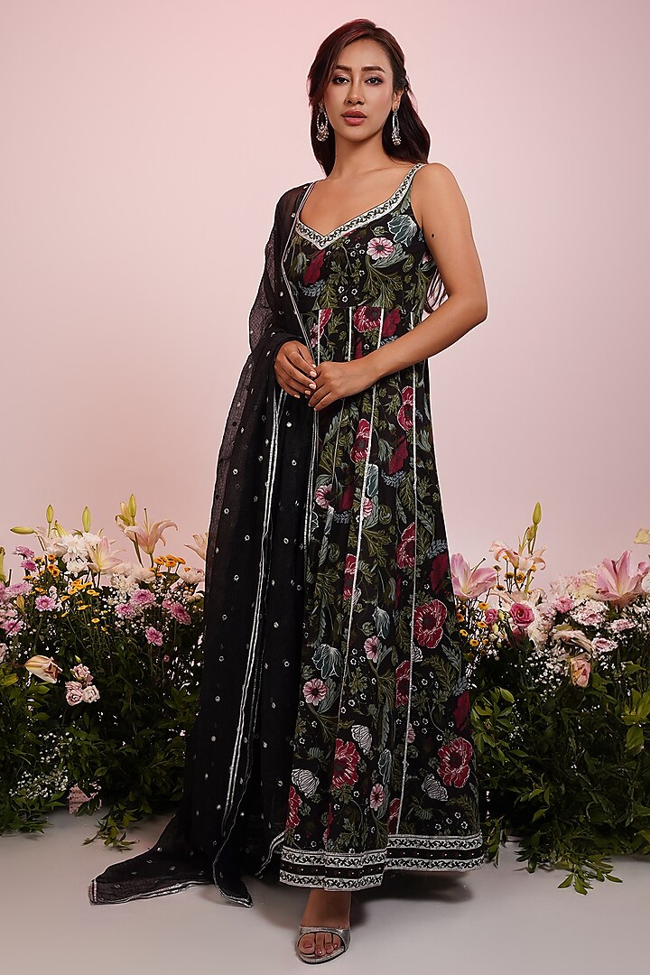 Black Cotton Floral Printed & Embroidered Anarkali Set by Indian Wardrobe at Pernia's Pop Up Shop