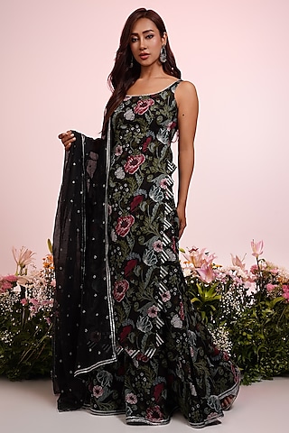 Black Cotton Floral Printed & Embroidered Anarkali Set by Indian Wardrobe