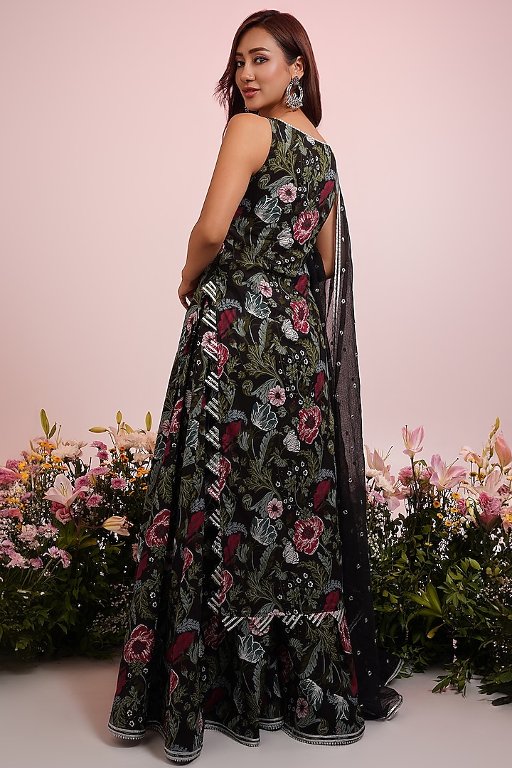 Black Cotton Floral Printed & Embroidered Party Wear Anarkali Set by Indian Wardrobe at Pernia's Pop Up Shop