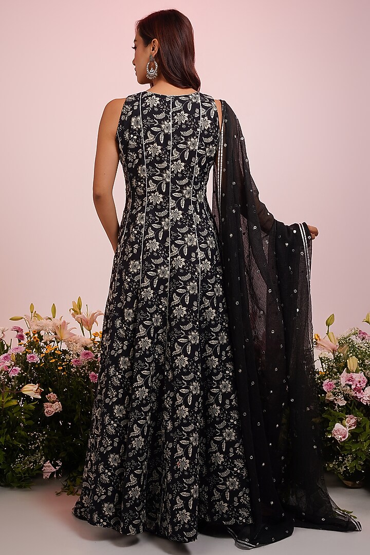 Black Cotton Floral Printed & Embroidered Party Wear Anarkali Set by Indian Wardrobe at Pernia's Pop Up Shop