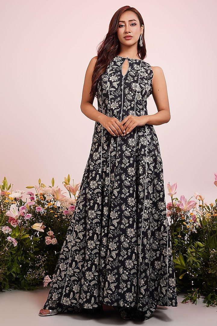 Black Cotton Floral Printed & Embroidered Party Wear Anarkali Set by Indian Wardrobe at Pernia's Pop Up Shop
