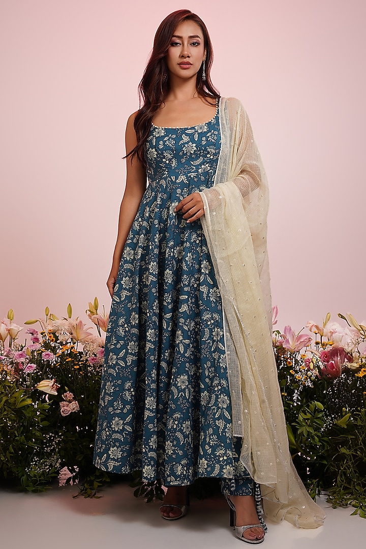 Blue Cotton Floral Printed & Embroidered Anarkali Set by Indian Wardrobe at Pernia's Pop Up Shop