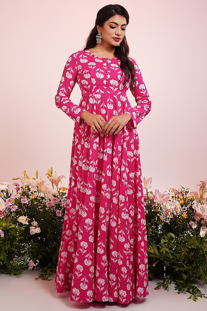 Pink Cotton Floral Printed Anarkali by Indian Wardrobe at Pernia's Pop Up Shop