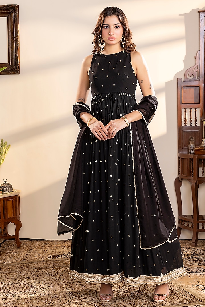 Black Georgette Sequins Embroidered Anarkali Set by Indian Wardrobe at Pernia's Pop Up Shop