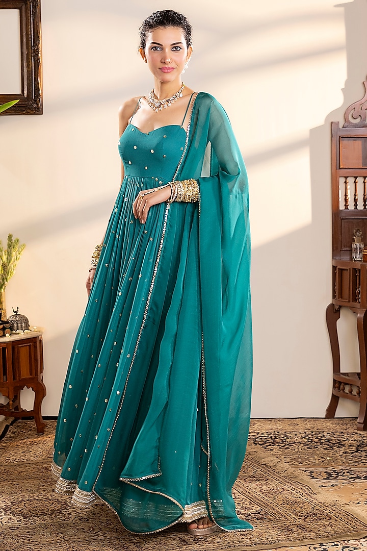 Sea Green Georgette Sequins Embroidered Anarkali Set by Indian Wardrobe at Pernia's Pop Up Shop