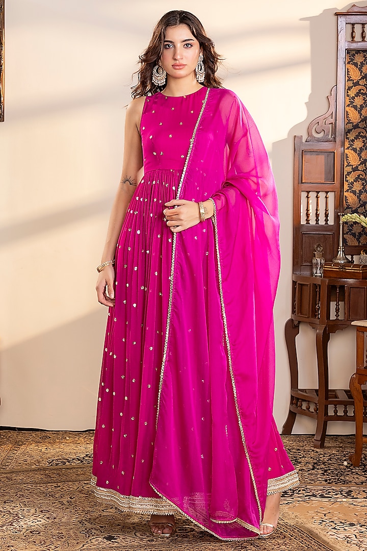 Magenta Georgette Sequins Embroidered Anarkali Set by Indian Wardrobe at Pernia's Pop Up Shop