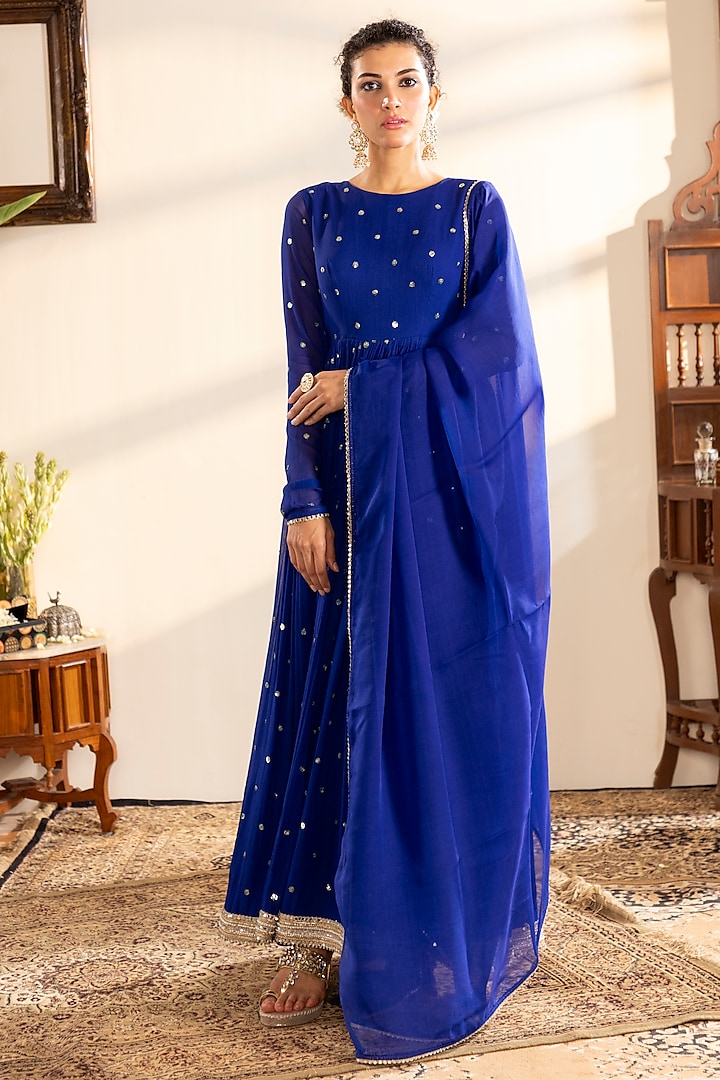 Blue Georgette Sequins Embroidered Anarkali Set by Indian Wardrobe at Pernia's Pop Up Shop