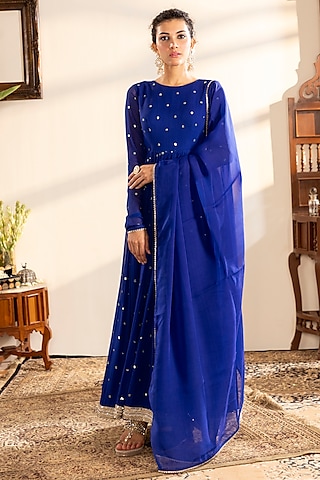Blue Georgette Sequins Embroidered Anarkali Set by Indian Wardrobe