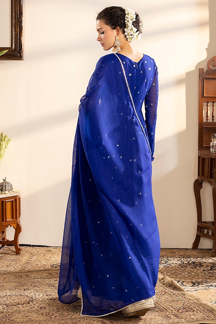 Blue Georgette Sequins Embroidered Party Wear Anarkali Set by Indian Wardrobe at Pernia's Pop Up Shop