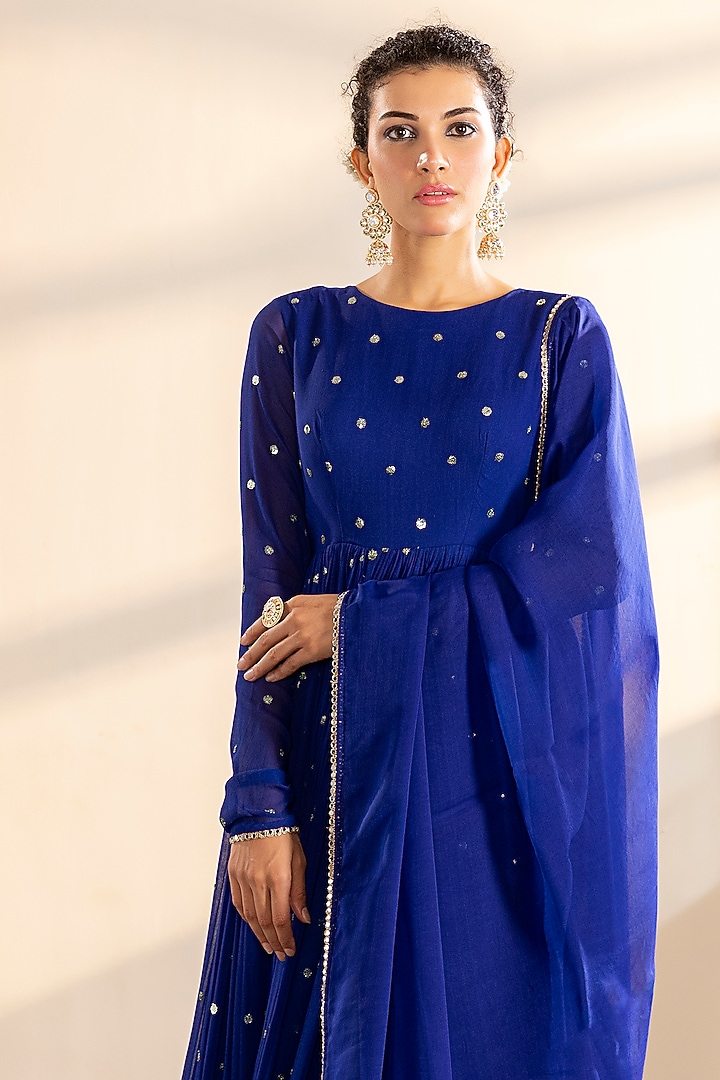 Blue Georgette Sequins Embroidered Party Wear Anarkali Set by Indian Wardrobe at Pernia's Pop Up Shop