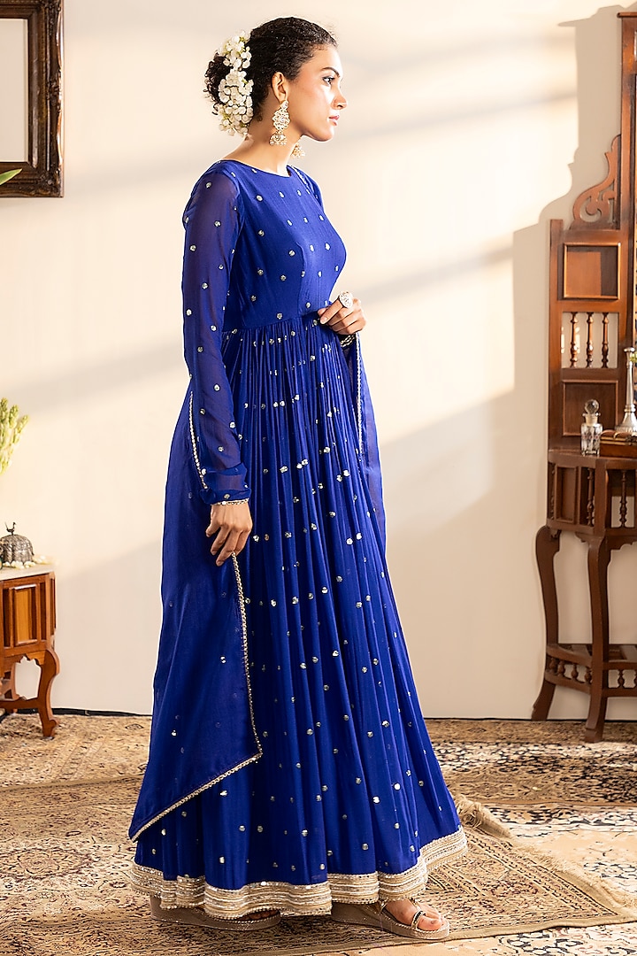 Blue Georgette Sequins Embroidered Party Wear Anarkali Set by Indian Wardrobe at Pernia's Pop Up Shop