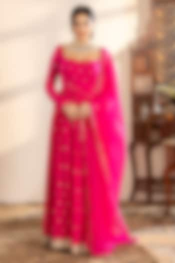 Pink Georgette Sequins Embroidered Anarkali Set by Indian Wardrobe at Pernia's Pop Up Shop