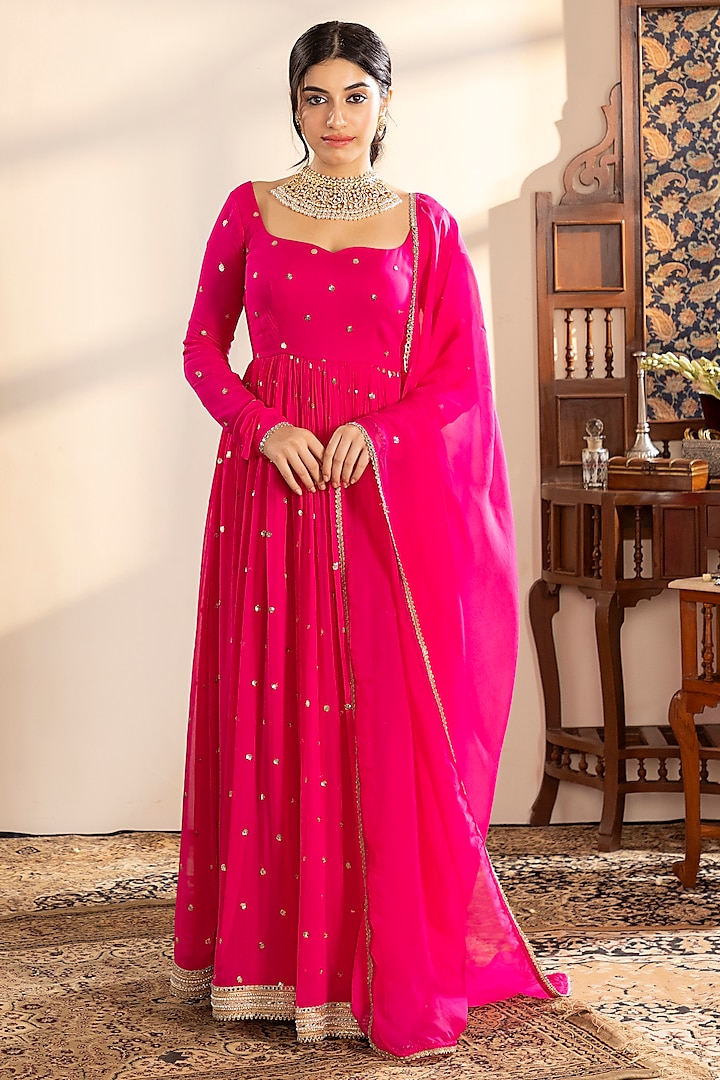 Pink Georgette Sequins Embroidered Anarkali Set by Indian Wardrobe at Pernia's Pop Up Shop